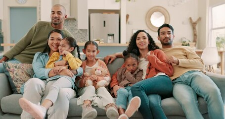 Relax, sofa and big family watching a movie in the living room for entertainment in a house. Happy, smile and parent friends streaming a video or show on the television with children at modern home. - Powered by Adobe
