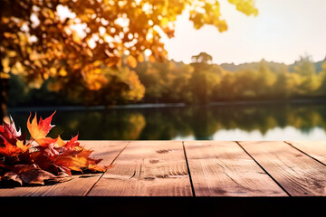 Naklejka na ściany i meble Autumn leaves on a wooden platform by a lake, made with generative ai