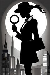 Female detective silhouette with magnifying glass