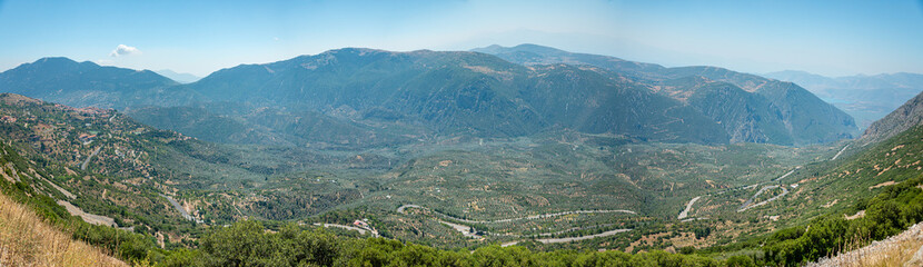 Fototapeta na wymiar Aerial panoramic view from Arachova (Αράχωβα ) on Parnassos in the western part of Boeotia.