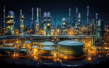 Petrochemical plant at night,3d rendering and illustration