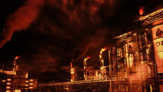 rock-oil or power plant at sunset - heavy industrial facility, fictional - loop video