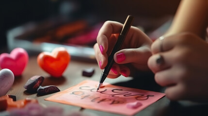 Person drawing on a white paper with a red pencil near heart-shaped cookies with rose petals. Generative Ai