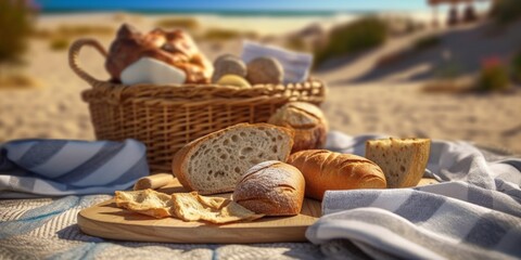 Picnic with bread on beach sand holiday background. AI Generated