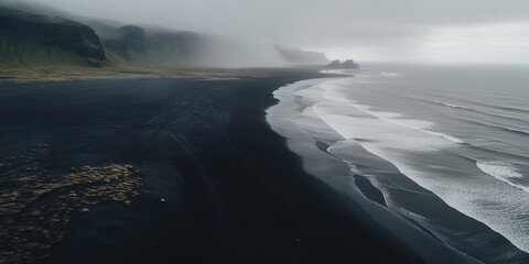 AI Generated. AI Generative. Iceland aerial air drone view. Cost beach ocean wave line. Black sand landscape. Adventure nature travel vibe. Graphic Art
