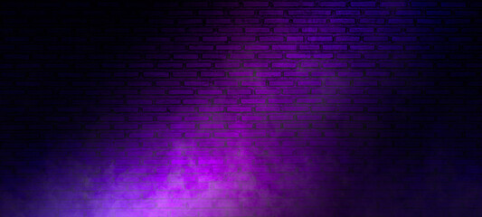 Fototapeta Brick wall texture pattern, blue, and purple background, an empty dark scene, laser beams, neon, spotlights reflection on the floor, and a studio room with smoke floating up for display products. obraz