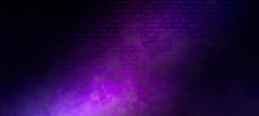 Foto op Plexiglas Wand Brick wall texture pattern, blue, and purple background, an empty dark scene, laser beams, neon, spotlights reflection on the floor, and a studio room with smoke floating up for display products.