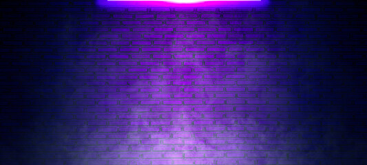 Brick wall texture pattern, blue, and purple background, an empty dark scene, laser beams, neon, spotlights reflection on the floor, and a studio room with smoke floating up for display products. - obrazy, fototapety, plakaty