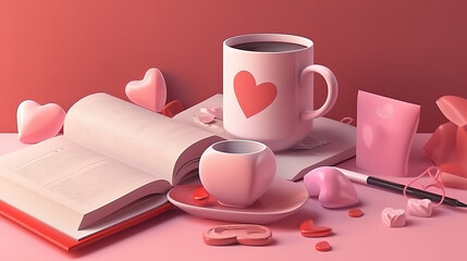 Hearts and the books with cup coffee. Generative Ai