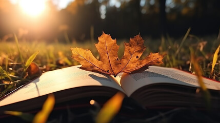 Open books with leaves around. Generative Ai