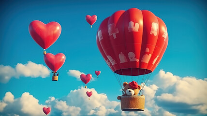red heart hot air balloon and Teddy Bear Lovers are holding binoculars in a balloon. Generative Ai