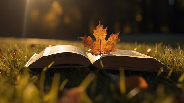 Hello, Autumn. an open book lies on the grass with an orange oak leaf backlit by the sun. Generative Ai