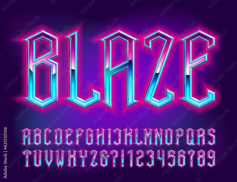 Fototapete blaze alphabet font. bright neon letters and numbers in heavy metal style. retro typescript for your