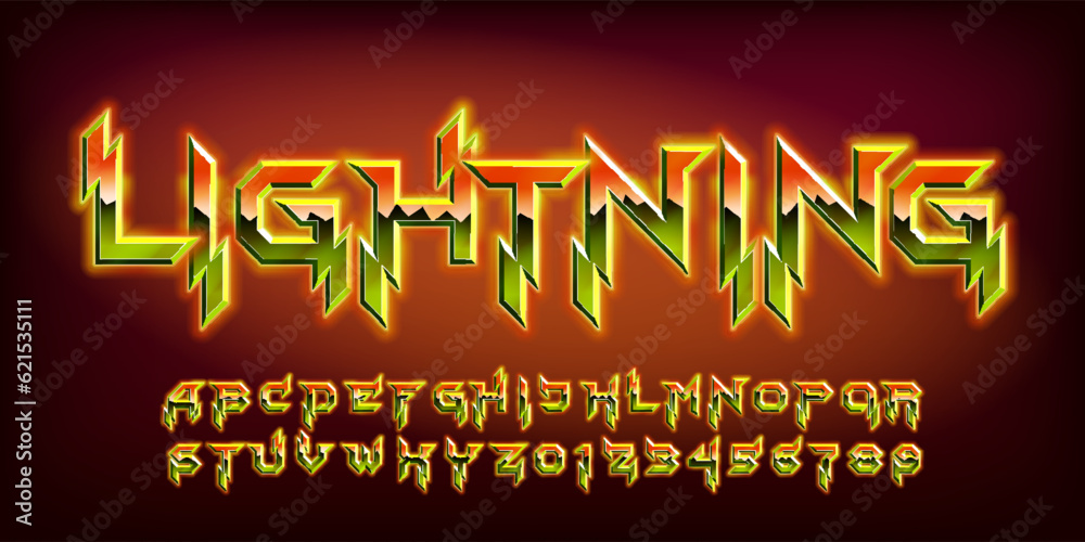 Fototapete lightning alphabet font. glowing letters and numbers in hard rock style. retro typescript for your t