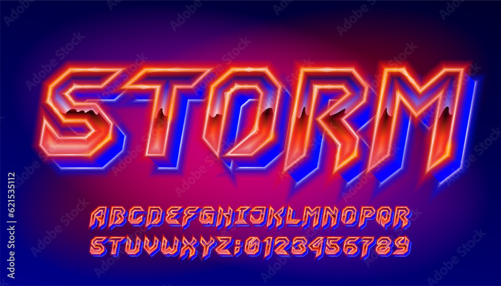 Poster storm alphabet font. neon glow letters and numbers in hard rock style. retro typescript for your typ