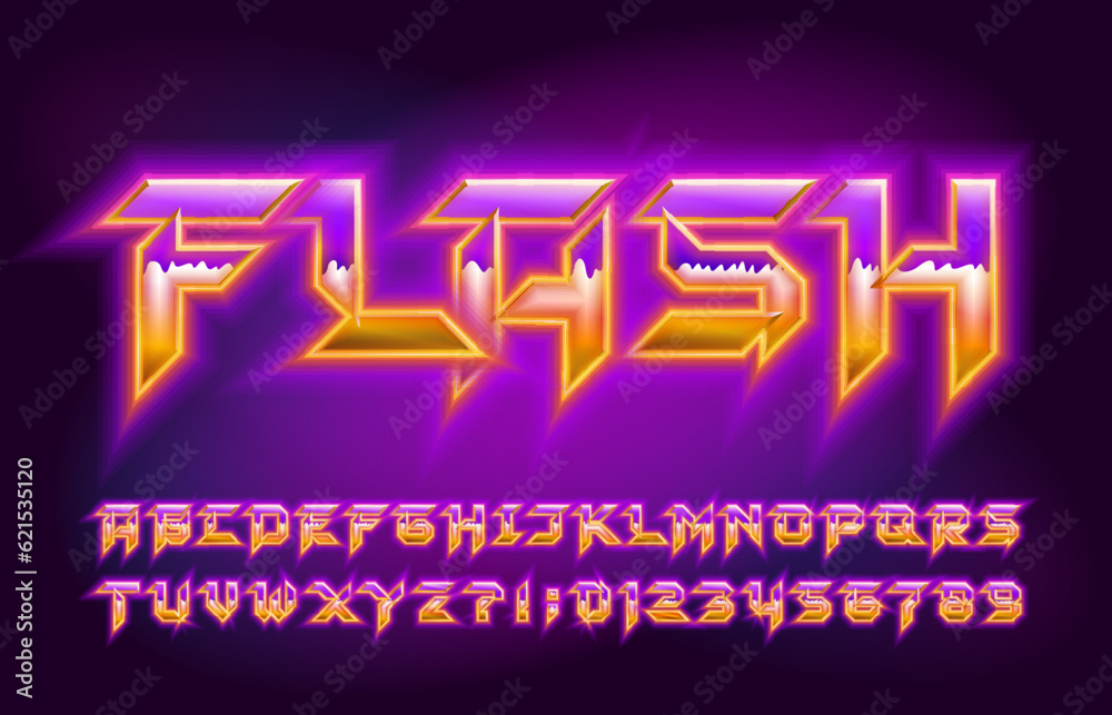 Fototapete flash alphabet font. shining letters and numbers in hard rock style. retro typescript for your typog