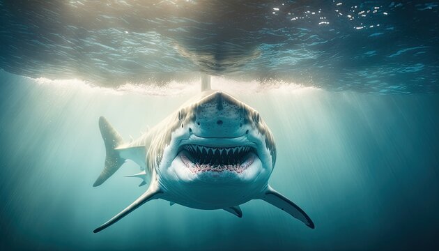 Illustration of a shark with its mouth open underwater