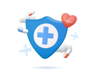 Obraz premium 3D pharmacy drug for health pharmaceutical. Medical safety icon with a shield. Pharmacy health icon of first aid