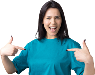 Portrait of a beautiful girl in a blue t-shirt, looks aside with pensive expression, is considering a plan for further action.