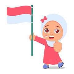 Cute girl holding Indonesian flag, Happy pose