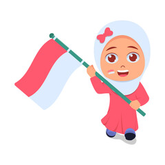 Cute girl holding Indonesian flag, Happy pose