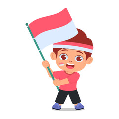 Cute boy holding Indonesian flag, Happy pose