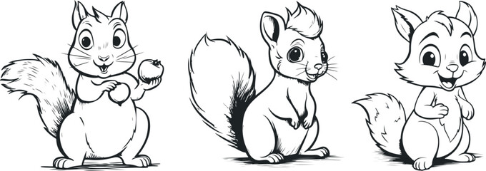 Squirrel vector Cartoon collection.Cute squirrels with furry tail in front of a white background. Cartoon squirrel holding nut and Set of squirrel in different pose.