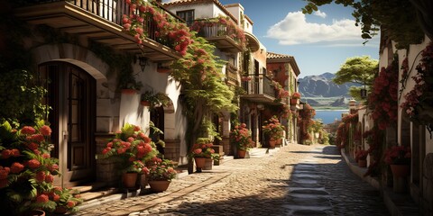 Obraz premium AI Generated. AI Generative. Beautiful romantic love Italian Europe street walk view. Plants flowers adventure travel vacation city vibe. Graphic Art