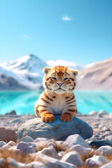 Cute tiger sitting on a rock in front of a mountain lake. AI Generative