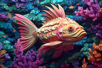 paper art with colourful fish on the bottom of the sea. AI Generative