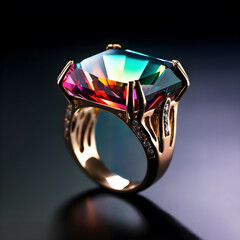 Jewellery ring with multicoloured gems on a black background. AI Generative
