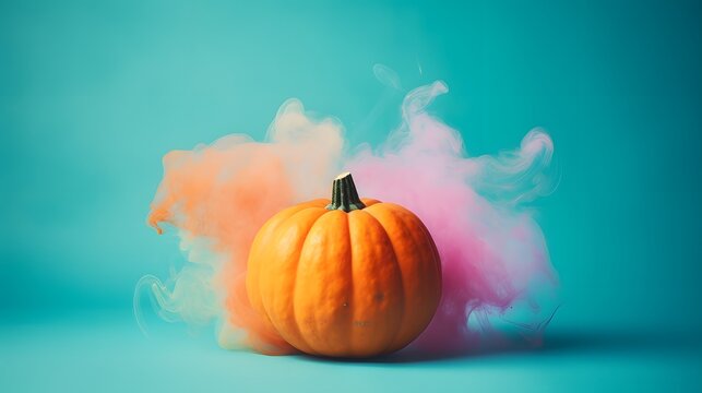An orange pumpkin surrounded by smoke colored in various hues on blue background. Generative AI