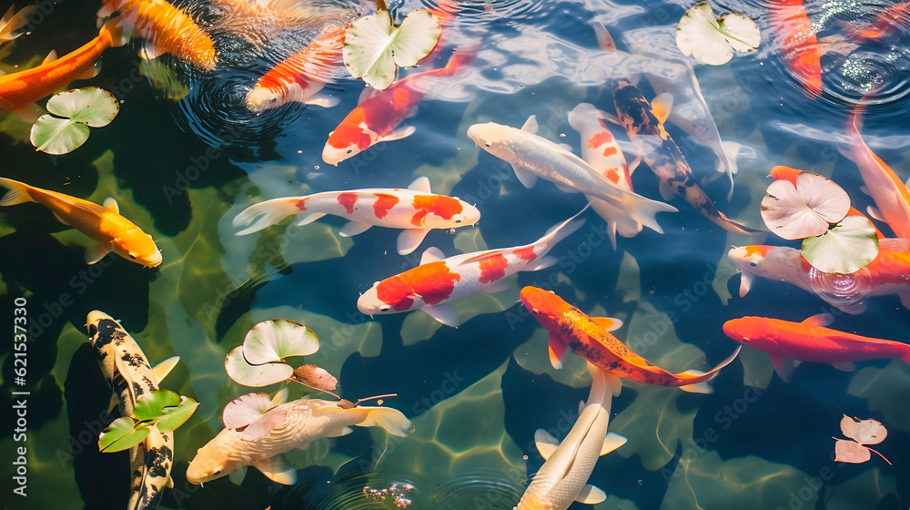 Wall mural river pond decorative orange underwater fishes nishikigoi. aquarium koi asian japanese wildlife colo - Wall murals