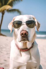 Naklejka na ściany i meble A dog in sunglasses in a beach, vacation, Generative AI