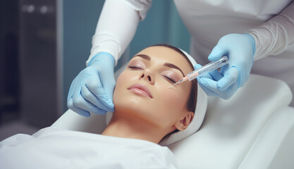 Female client during facial filler injections in medical clinic.Beauty Injection. Anti Aging Non Surgical Mesotherapy For Young Woman's Face In Cosmetic Salon. Beautician's Hands With Syringe. 