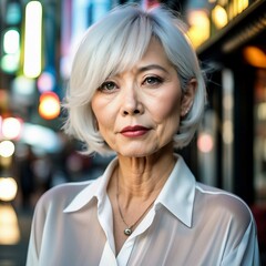 Obraz premium Mature Japanese woman, platinum Blonde Hair, head and shoulders portraits, plain and street scene