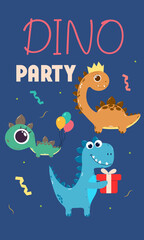 Three dinosaurs with the inscription "Dino party". Birthday party poster concept. Cartoon style illustration