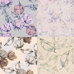 Cotton flowers seamless pattern. Perfect for wrapping paper or fabric. Background floral texture.