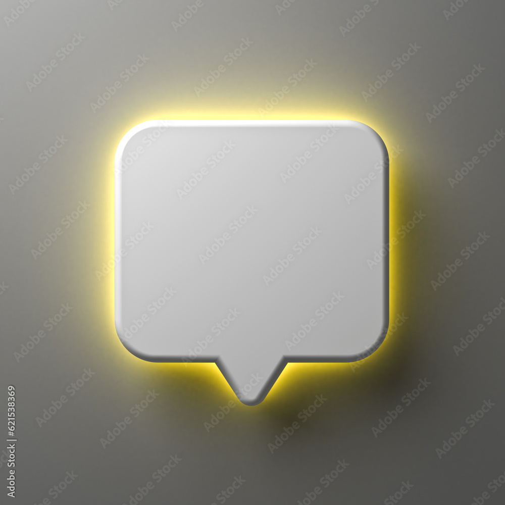 Fototapete Blank white notification speech bubble sign pin or chat bubble with yellow neon back light isolated on dark white wall background with shadow minimal conceptual 3D rendering