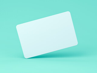 Blank white business card isolated on blue green pastel color background with shadow minimal conceptual 3D rendering