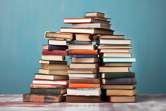 Pile stack of books on plain background. An array of colorful books piled separately on a plain background