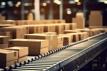 Clouseup of multiple number of carton boxes being transported on conveyor belts in factory before delivering