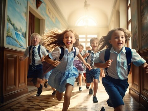 children walking through an interior hallway of school, back to school 3D illustration,Ai Generative 