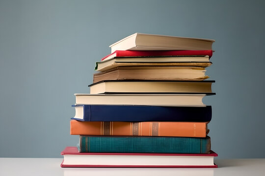 Pile stack of books on plain background. An array of colorful books piled separately on a plain background