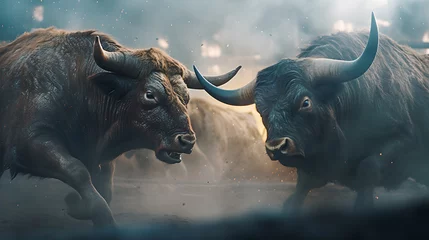Fototapeten Angry bull fighting each other in cinematic scene with fire particles © AspctStyle