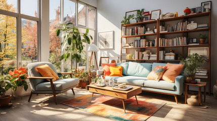 3D Render Creating a Cozy and Beautiful Living Room: Design Ideas with Vintage Pop Color and Mid Century Modern Style for Resident's Relaxation in Sunny Light