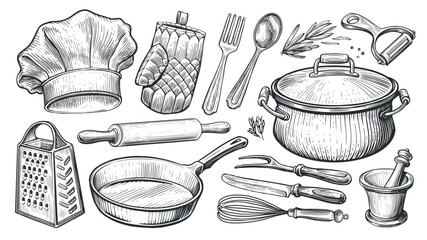 Fototapeta na wymiar Cooking concept. Kitchen utensils set in vintage engraving style. Sketch vector illustration