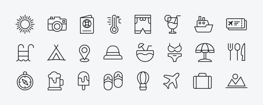 Tour and travel outline icons set vector illustration. Simple set of airport related vector line icons. Contains such icons as departure, tickets, baggage claim and more