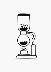 Hand drawn line doodle style cafe illustrations, black line icons, brewing coffee with a siphon