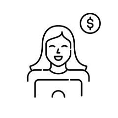 Female freelancer working at laptop. Smiling woman at work at her computer. Dollar sign. Pixel perfect, editable stroke icon